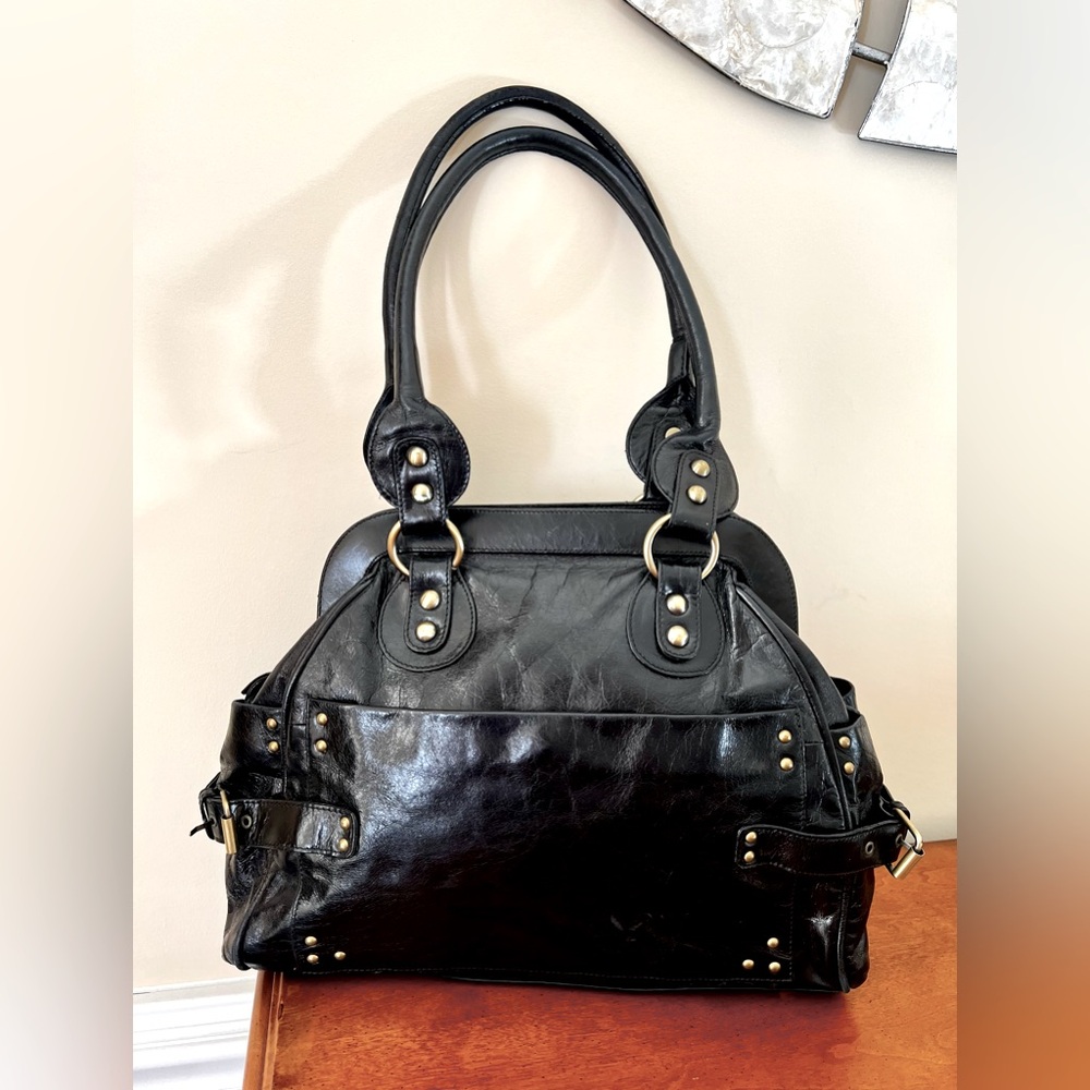 Helen Welsh, Black Glazed Leather Frame-Vintage Style-Satchel/Shoulder Bag.